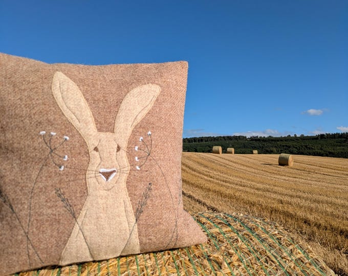 Hand crafted Harris Tweed Hare embroidered cushion cover