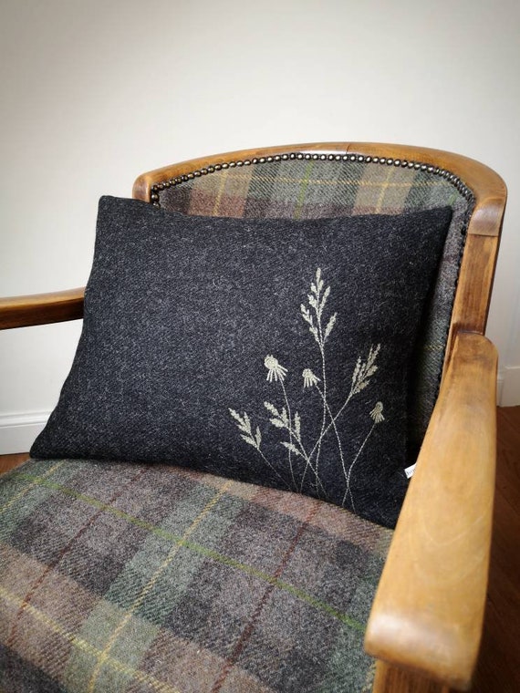 Hand Crafted Harris Tweed floral cushion cover in charcoal grey