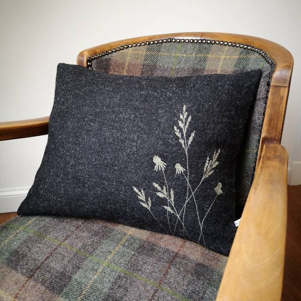 Hand Crafted Harris Tweed floral cushion cover in charcoal grey