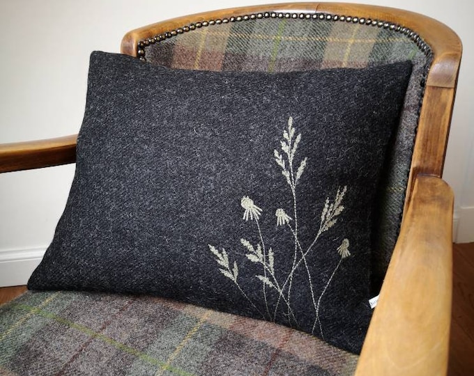 Hand Crafted Harris Tweed floral cushion cover in charcoal grey