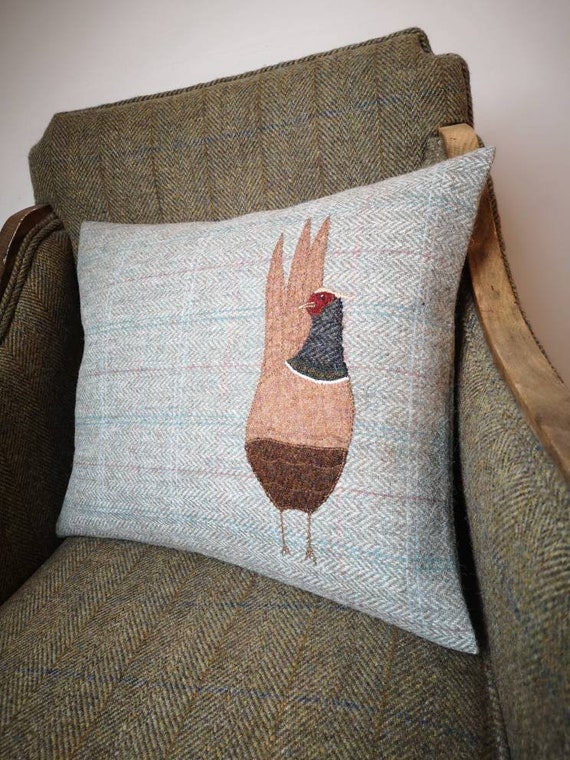 Hand Crafted Harris Tweed  Pheasant embroidered Cushion cover