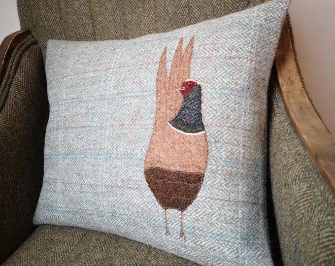 Hand Crafted Harris Tweed  Pheasant embroidered Cushion cover