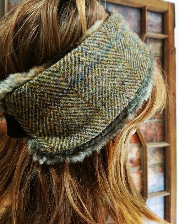 Hand Crafted Harris Tweed and faux fur head band ear warmers