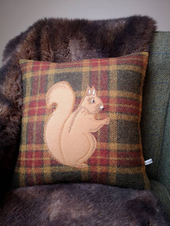 Hand Crafted Harris Tweed squirrel emb cushion cover