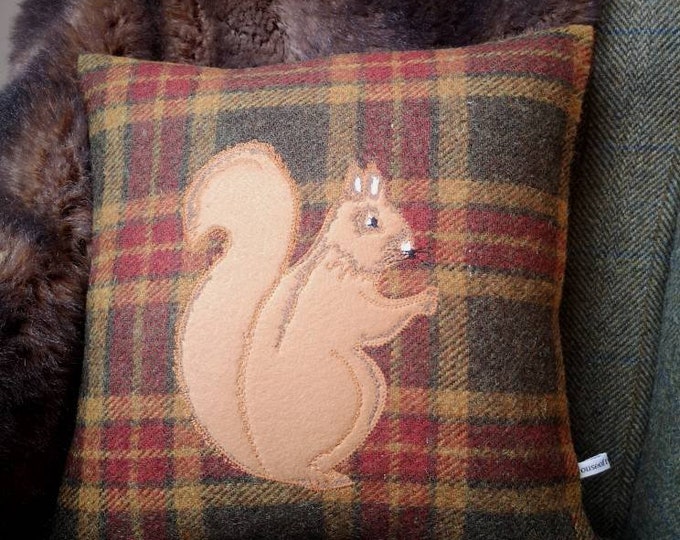 Hand Crafted Harris Tweed squirrel emb cushion cover