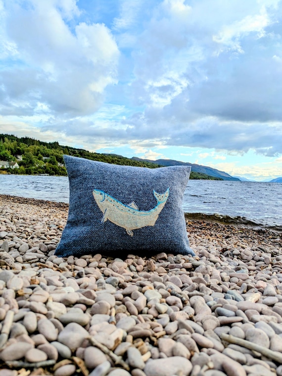 New Harris Tweed salmon fish embroidered Cushion cover