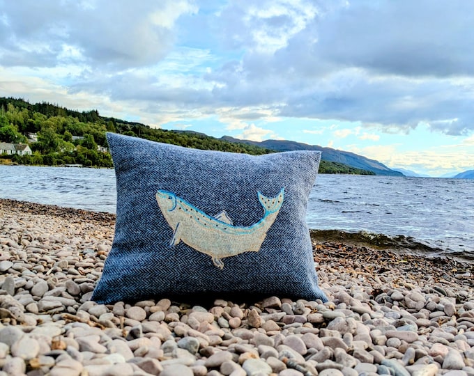 New Harris Tweed salmon fish embroidered Cushion cover