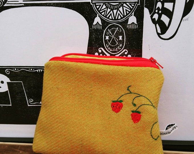 Hand Crafted Harris Tweed embroidered purse, cosmetic bag