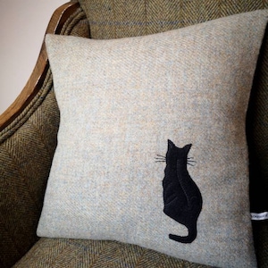 Hand Crafted Harris Tweed little cat and a bee embroidered cushion cover