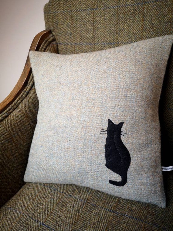 Hand Crafted Harris Tweed little cat and a bee embroidered cushion cover