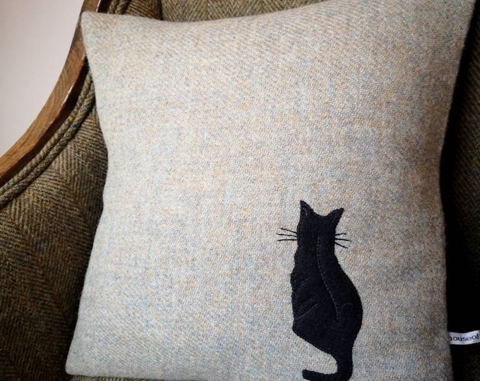 Hand Crafted Harris Tweed little cat and a bee embroidered cushion cover