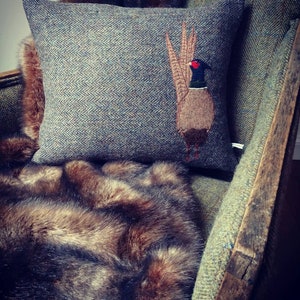 Hand Crafted Harris Tweed  Pheasant embroidered Cushion cover