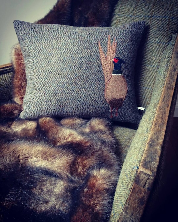 Hand Crafted Harris Tweed  Pheasant embroidered Cushion cover