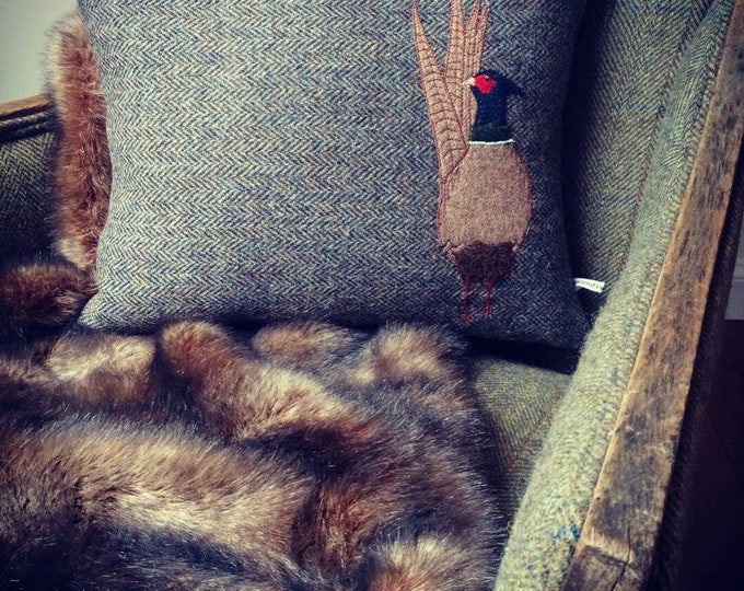 Hand Crafted Harris Tweed  Pheasant embroidered Cushion cover