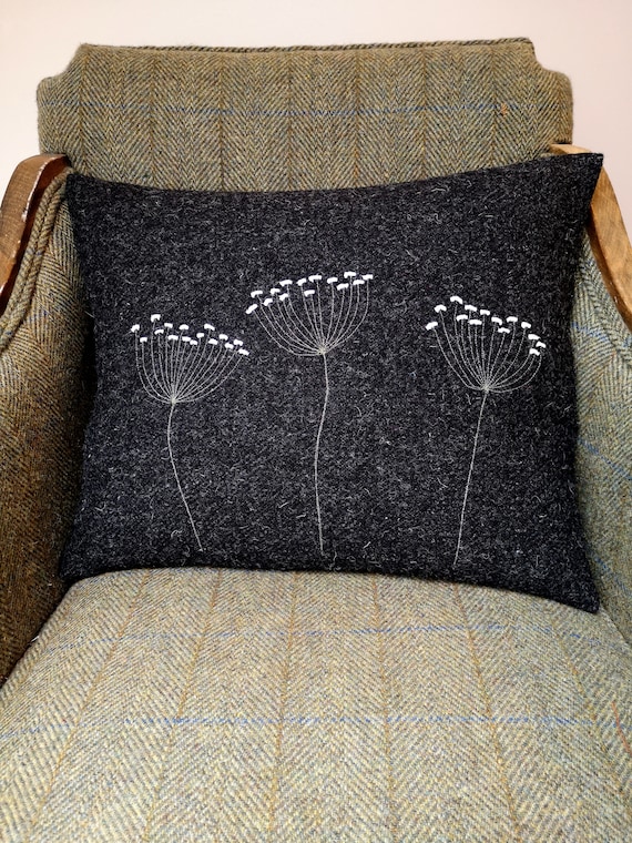 Harris Tweed floral cushion cover in charcoal grey