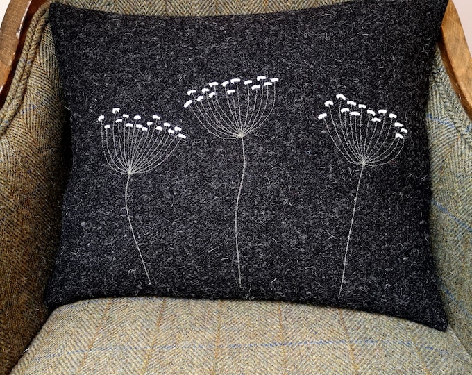 Harris Tweed floral cushion cover in charcoal grey