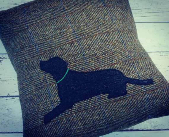 Hand Crafted Harris Tweed black lab embroidered cushion cover