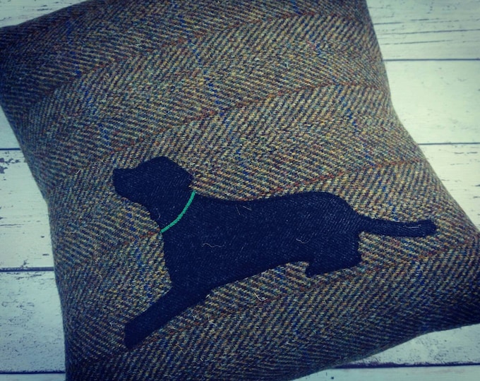 Hand Crafted Harris Tweed black lab embroidered cushion cover