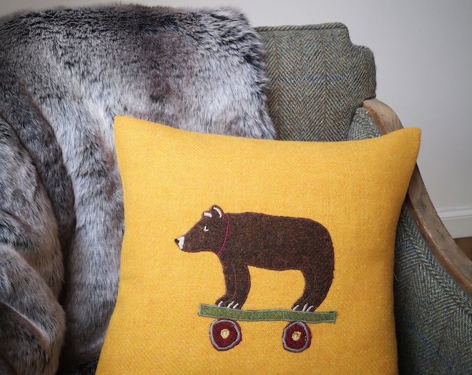 Harris Tweed bear embroidered Christmas cushion cover