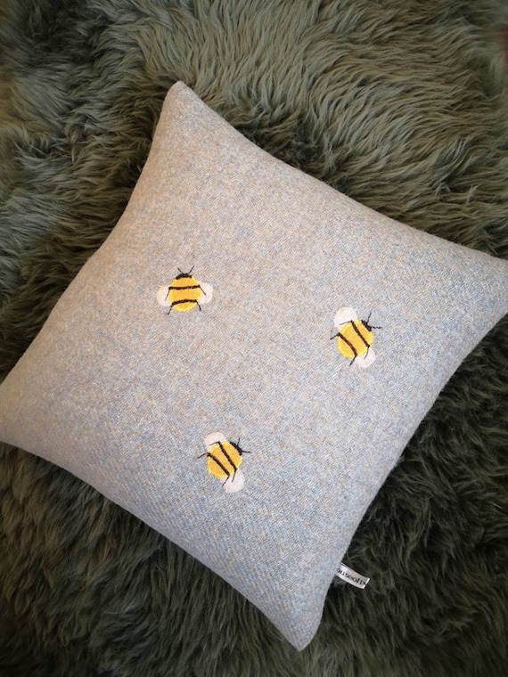 Hand Crafted Harris Tweed bee embroidered cushion cover