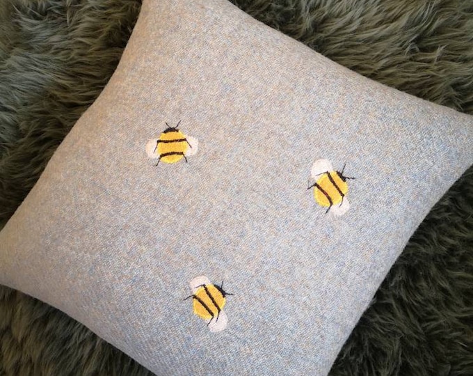 Hand Crafted Harris Tweed bee embroidered cushion cover