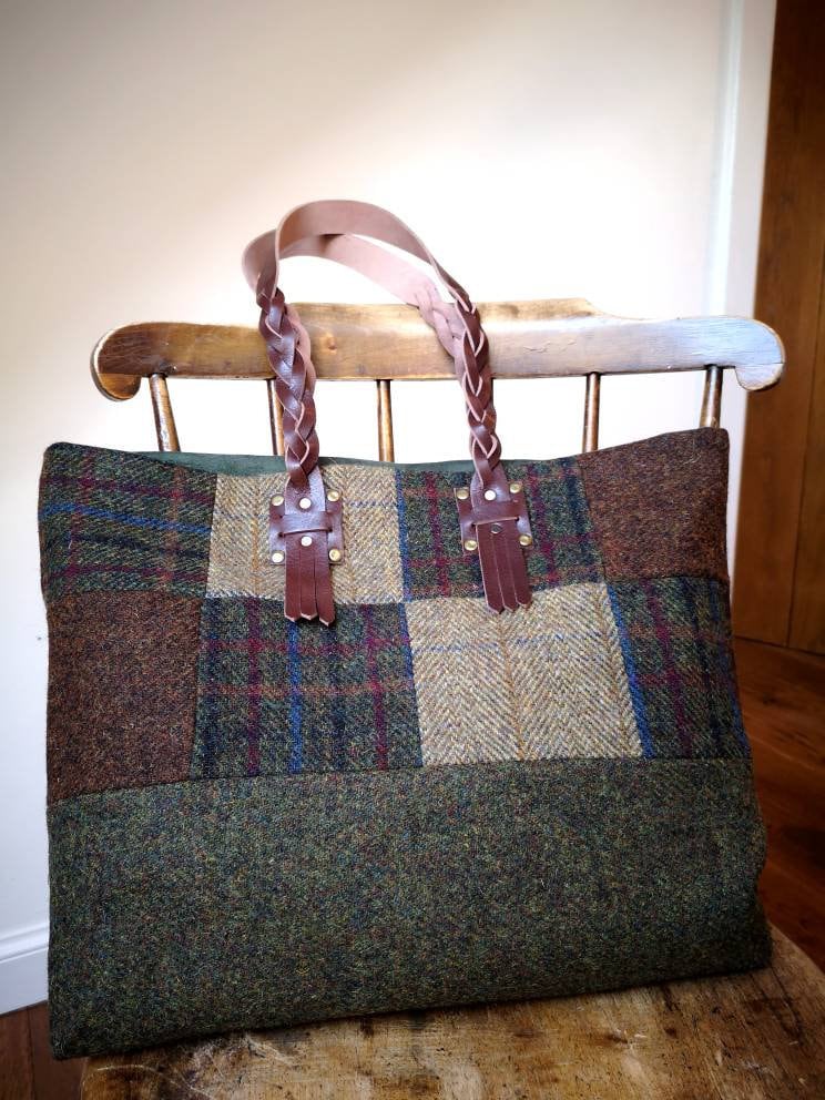 Hand Crafted Harris Tweed tote bag with real leather handles