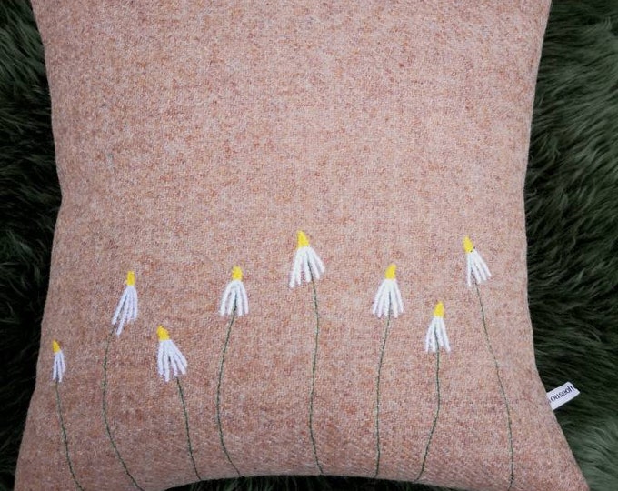Hand Crafted Harris Tweed daisies embroidered cushion cover