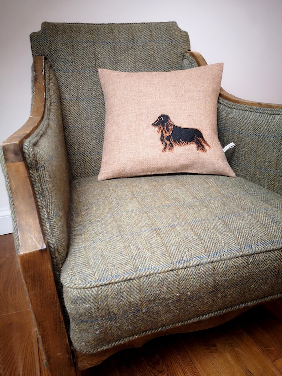 Harris Tweed long haired dashund sausage dog embroidered Cushion Cover