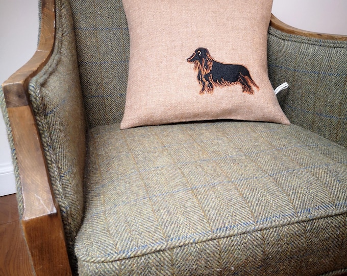 Harris Tweed long haired dashund sausage dog embroidered Cushion Cover