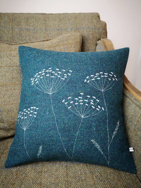 Hand Crafted Harris Tweed floral embroidered cushion cover