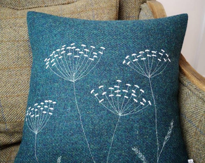 Hand Crafted Harris Tweed floral embroidered cushion cover