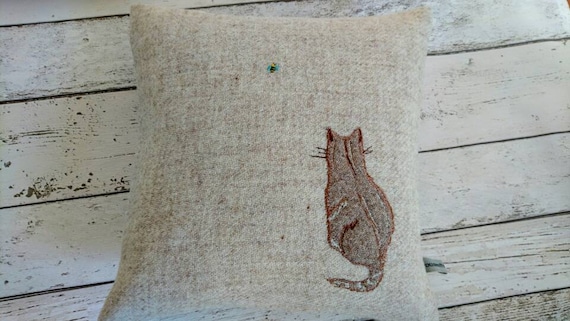 Hand Crafted Harris Tweed little cat and a bee embroidered cushion cover