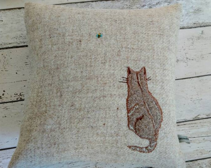 Hand Crafted Harris Tweed little cat and a bee embroidered cushion cover