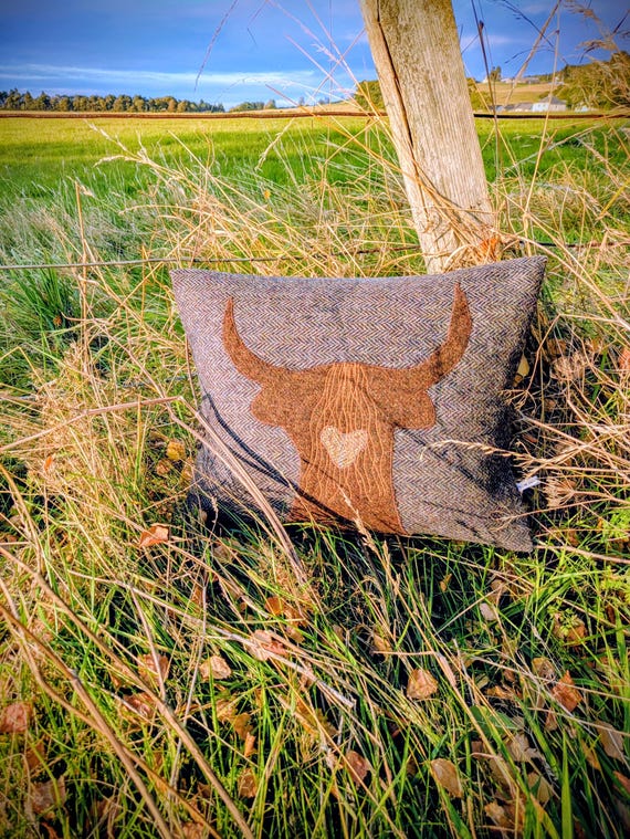 Hand Crafted Harris Tweed Highland Cow embroidered Cushion cover