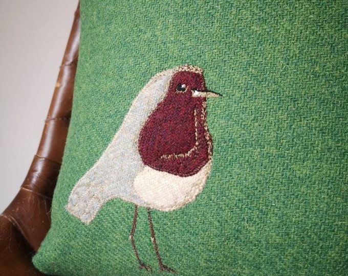 Hand Crafted Harris Tweed Robin embroidered Cushion Cover