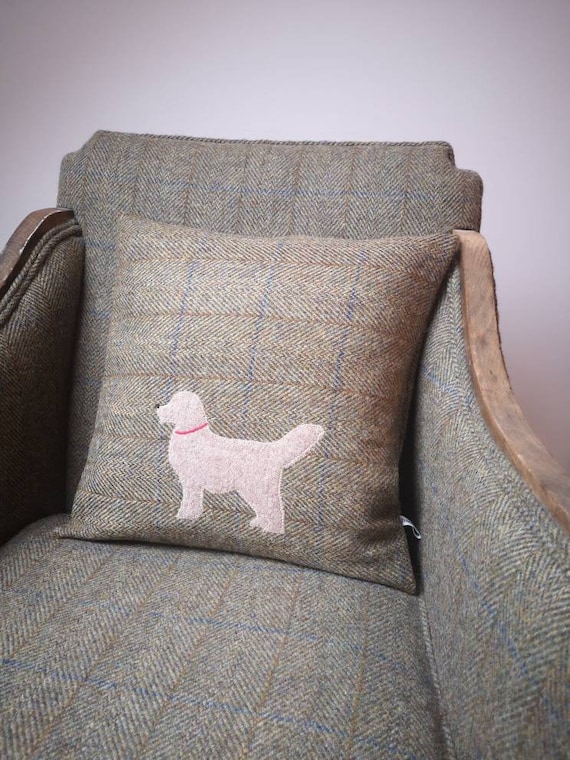 Hand Crafted Harris Tweed golder retriever embroidered cushion cover