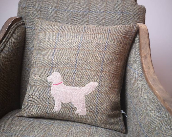 Hand Crafted Harris Tweed golder retriever embroidered cushion cover