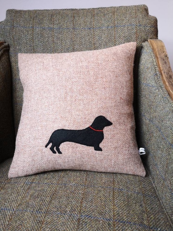 Hand Crafted Harris Tweed sausage dog dachshund embroidered cushion cover