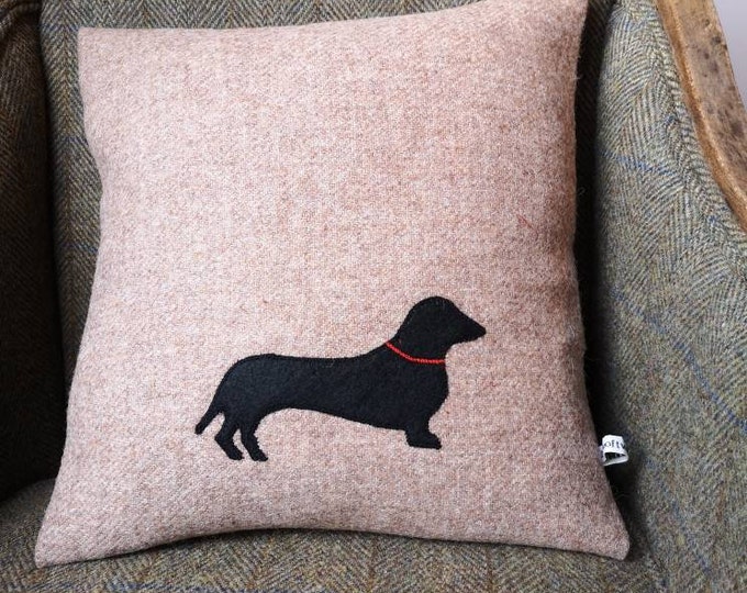 Hand Crafted Harris Tweed sausage dog dachshund embroidered cushion cover