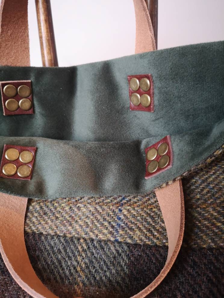 NEW Hand Crafted Harris Tweed tote bag with real leather handles