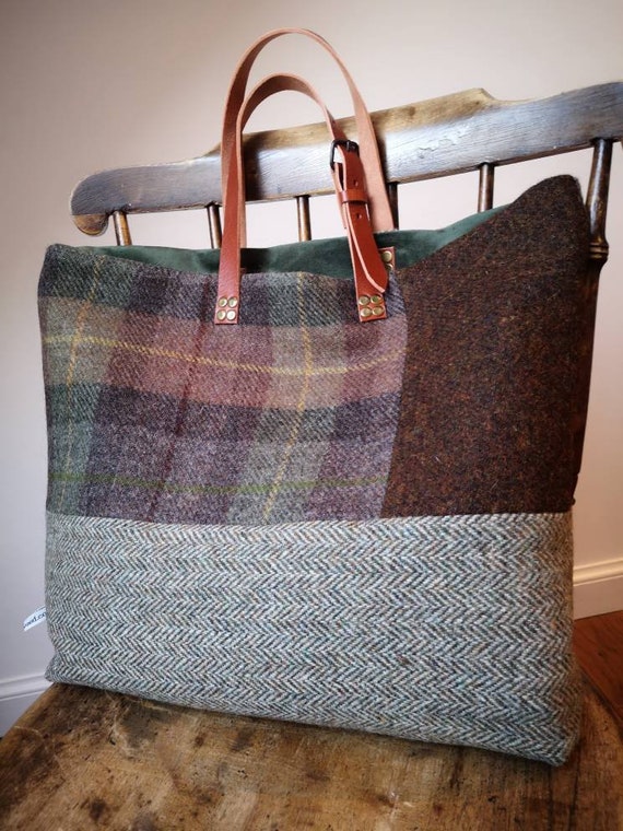 Hand Crafted Harris Tweed tote bag with real leather handles