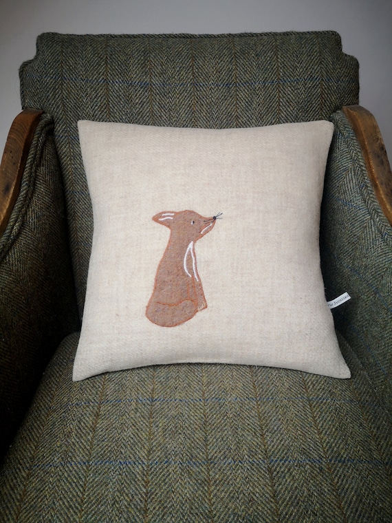 Harris Tweed fox embroidered cushion cover