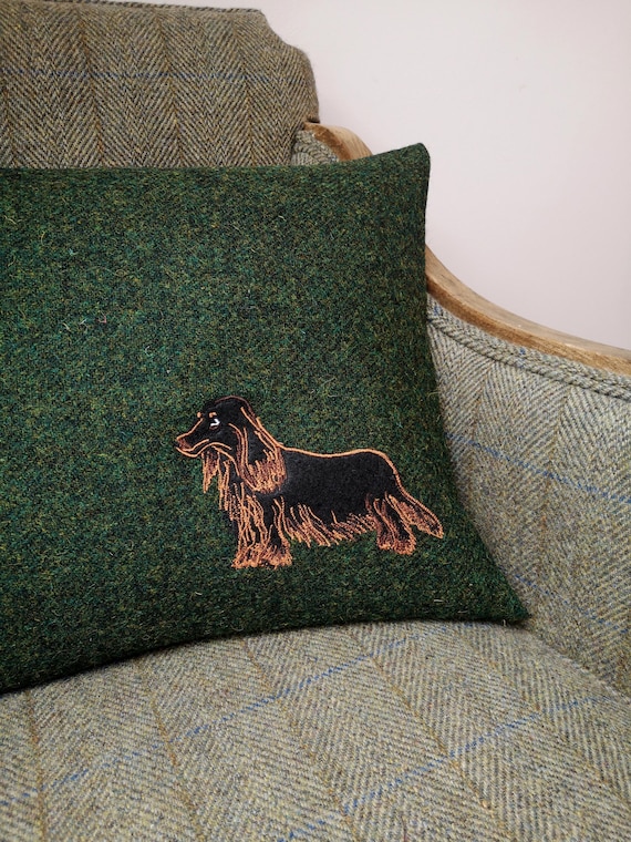 Harris Tweed long haired dashund sausage dog embroidered Cushion Cover