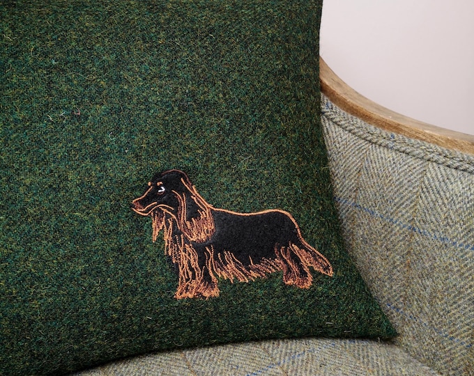 Harris Tweed long haired dashund sausage dog embroidered Cushion Cover