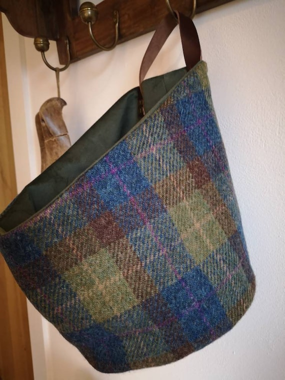 Harris Tweed storage solution, basket with real leather handle