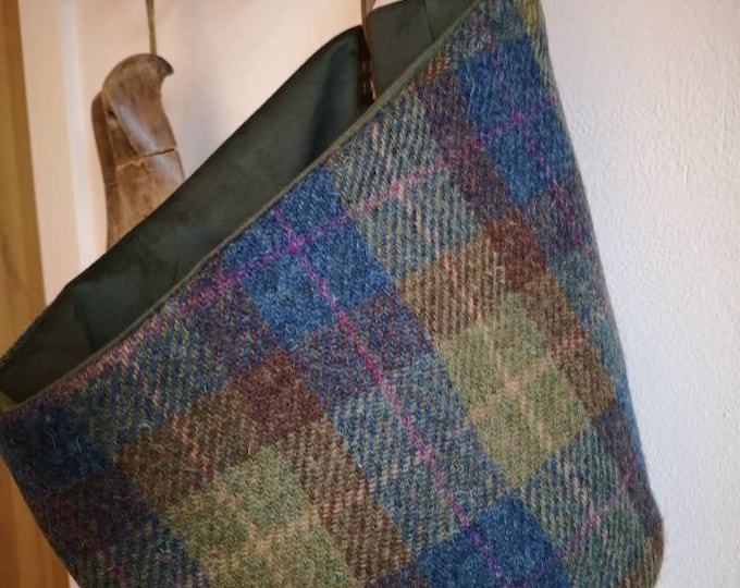 Harris Tweed storage solution, basket with real leather handle