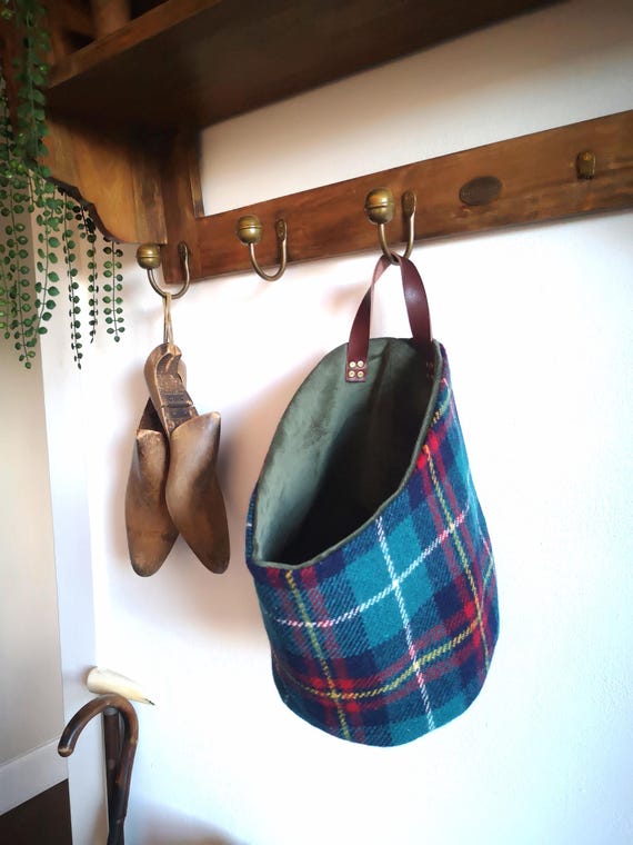 Hand Crafted Harris Tweed storage solution, basket with real leather handle