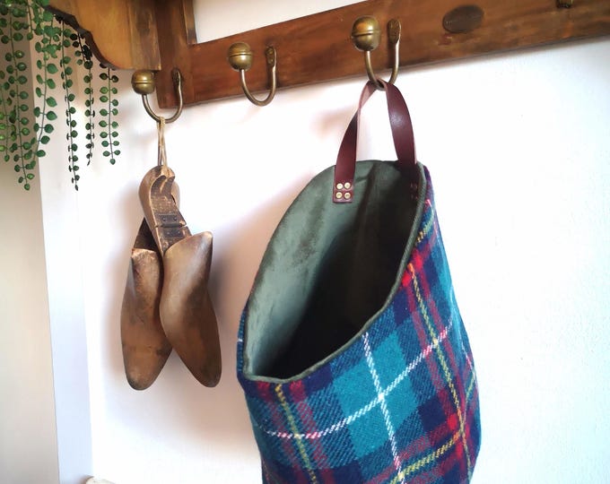 Hand Crafted Harris Tweed storage solution, basket with real leather handle