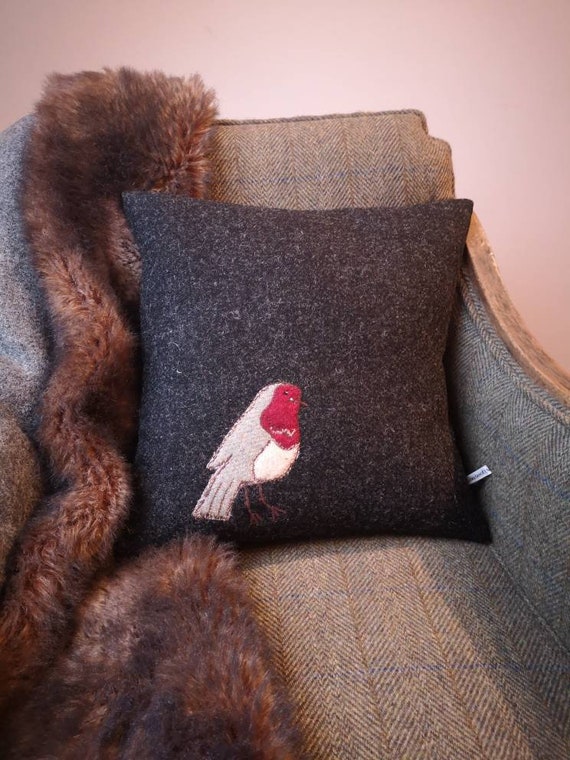 Hand Crafted Harris Tweed Robin embroidered Cushion Cover