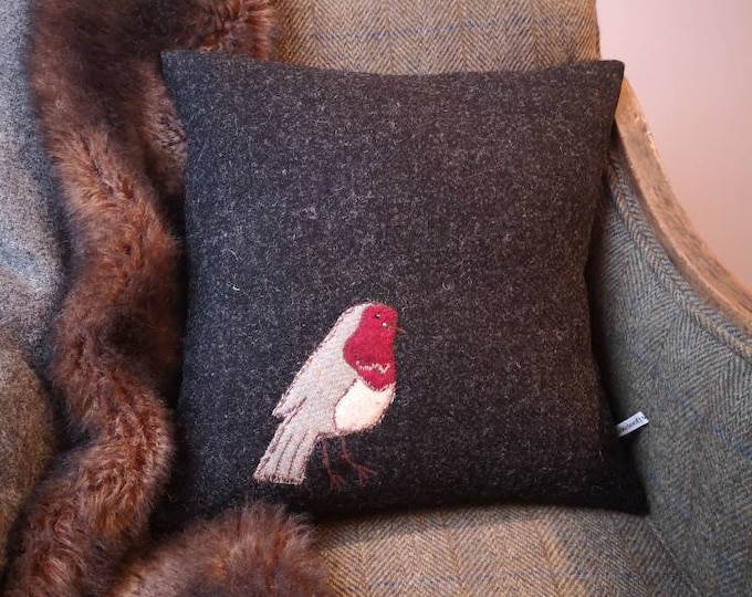 Hand Crafted Harris Tweed Robin embroidered Cushion Cover